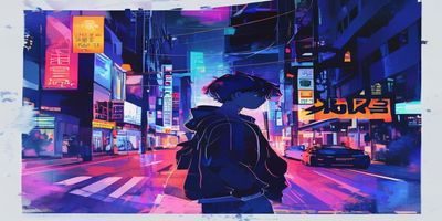 日韩二区新番动漫海报，东京街头霓虹灯下的动漫主角剪影，赛博朋克风格画面