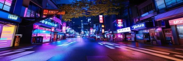 日韩二区新锐内容展示，霓虹灯光下的东京涩谷与首尔弘大街景，代表潮流前沿新锐文化